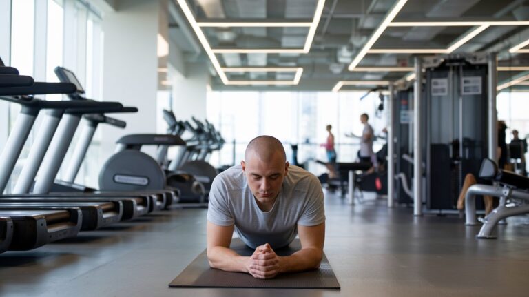 photo of a man with a shaved head doing fitness in the gym