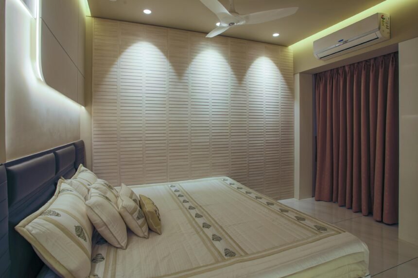 serene, minimalist bedroom with blackout curtains and soft lighting
