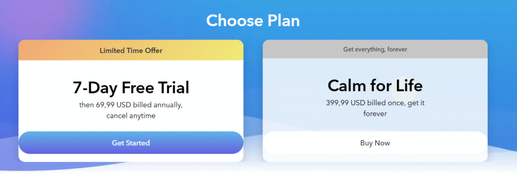 calm app pricing table